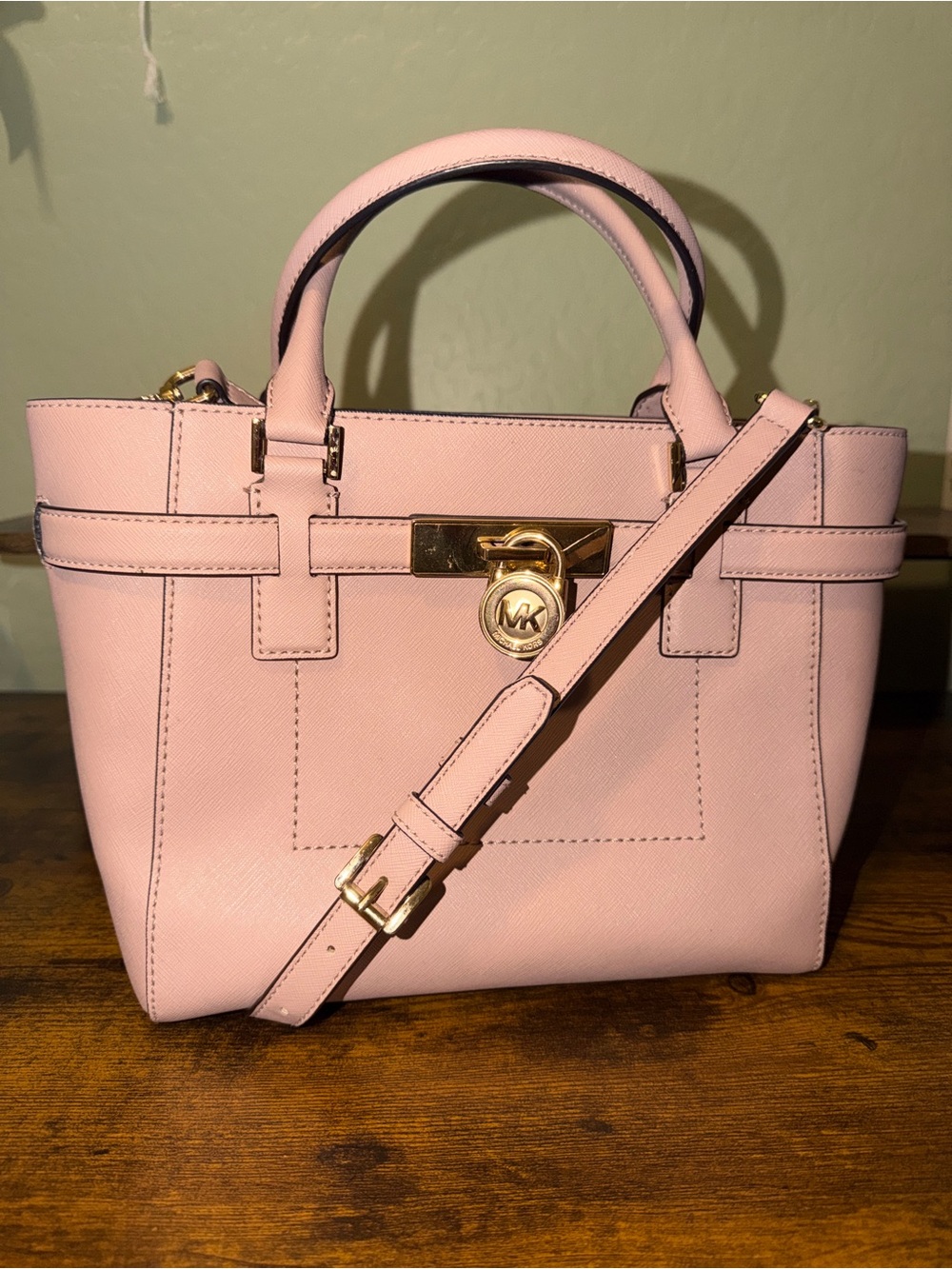 Michael Kors Pale Pink Saffiano Leather Satchel with Gold Hardware